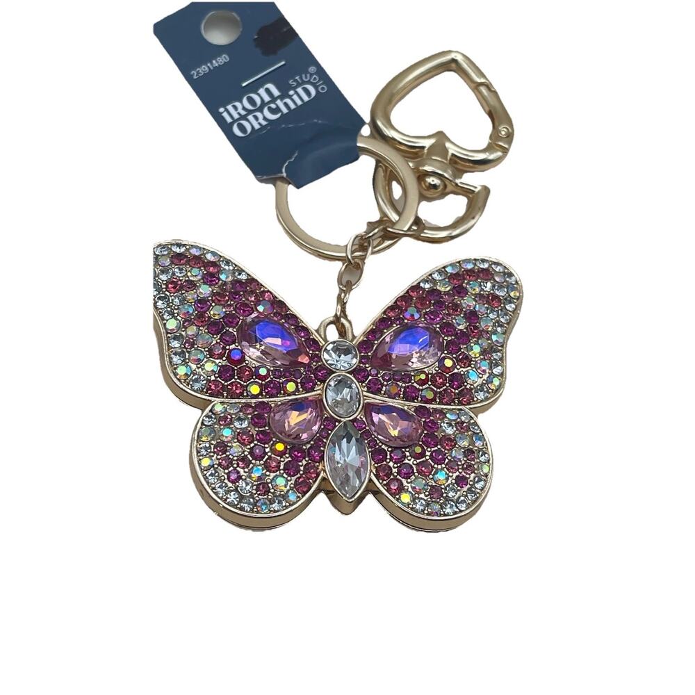 Iron Orchid Studio Pink Butterfly Rhinestone Keychain Bag Charm Gold Tone NWT